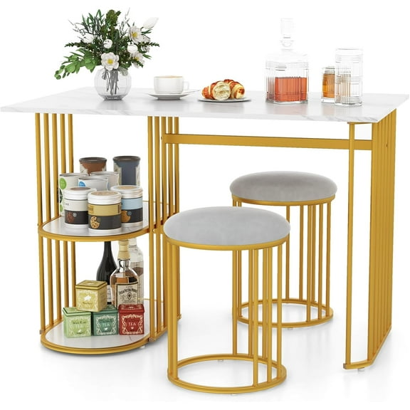 3-Piece Dining Table Set for 2, Rectangular Kitchen Table with 2 Stools, 2-Tier Storage Shelf, Upholstered Seat, Faux Marble Top, Metal Frame, Dinette Table, Breakfast Table for Small Space