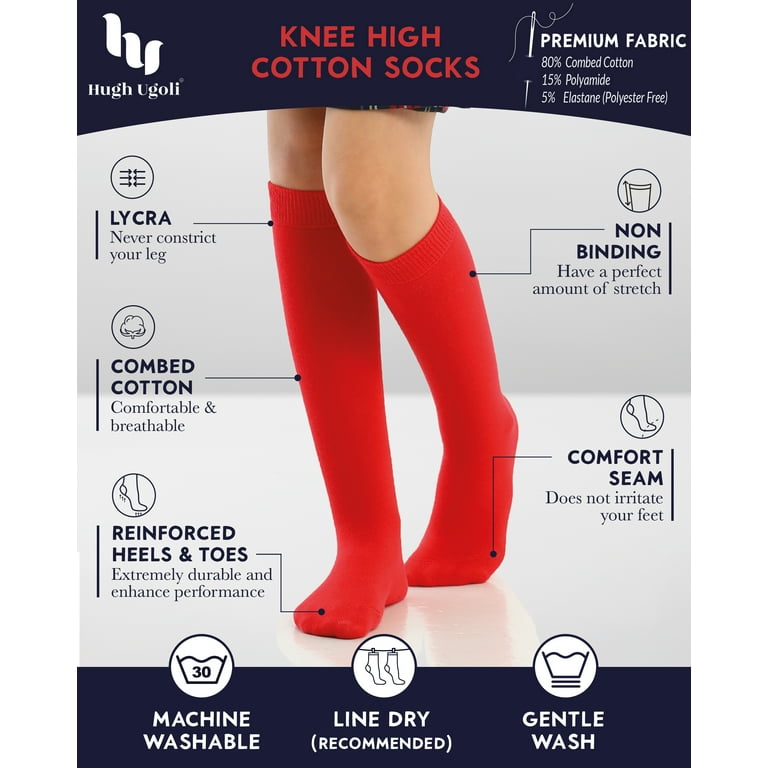 HUGH UGOLI Knee High Cotton Socks for Kids Girls Boys & Toddlers, Long  School Uniform Socks, Soft & Comfortable,Red, 12-14 Years Old, 4 Pairs