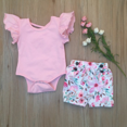 thumbnail image 2 of Conjunto de ropa para niñas pequeñas y bebés, conjunto de manga con volantes, Tops de Color sólido, pantalones cortos florales, ropa de verano XBTCLXEBCO Rosa,6-12 meses, 2 of 6