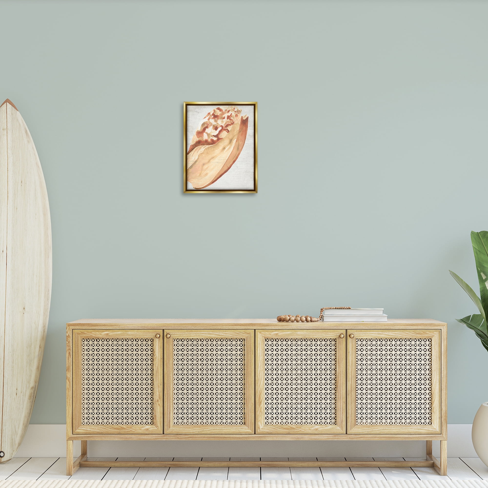 Stupell Industries Rustic Beige Shell Nautical & Beach Painting Gold Floater Framed Canvas Art Print Wall Art, 17 x 21