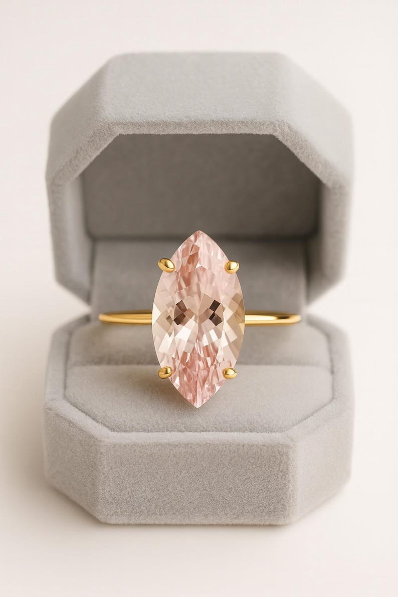6*8 mm Marquise Cut Morganite Ring, 925 Silver Rose Gold Solitaire Ring for Women, Wedding Engagement Jewellery, Dainty Fine Ring Anniversary Gift