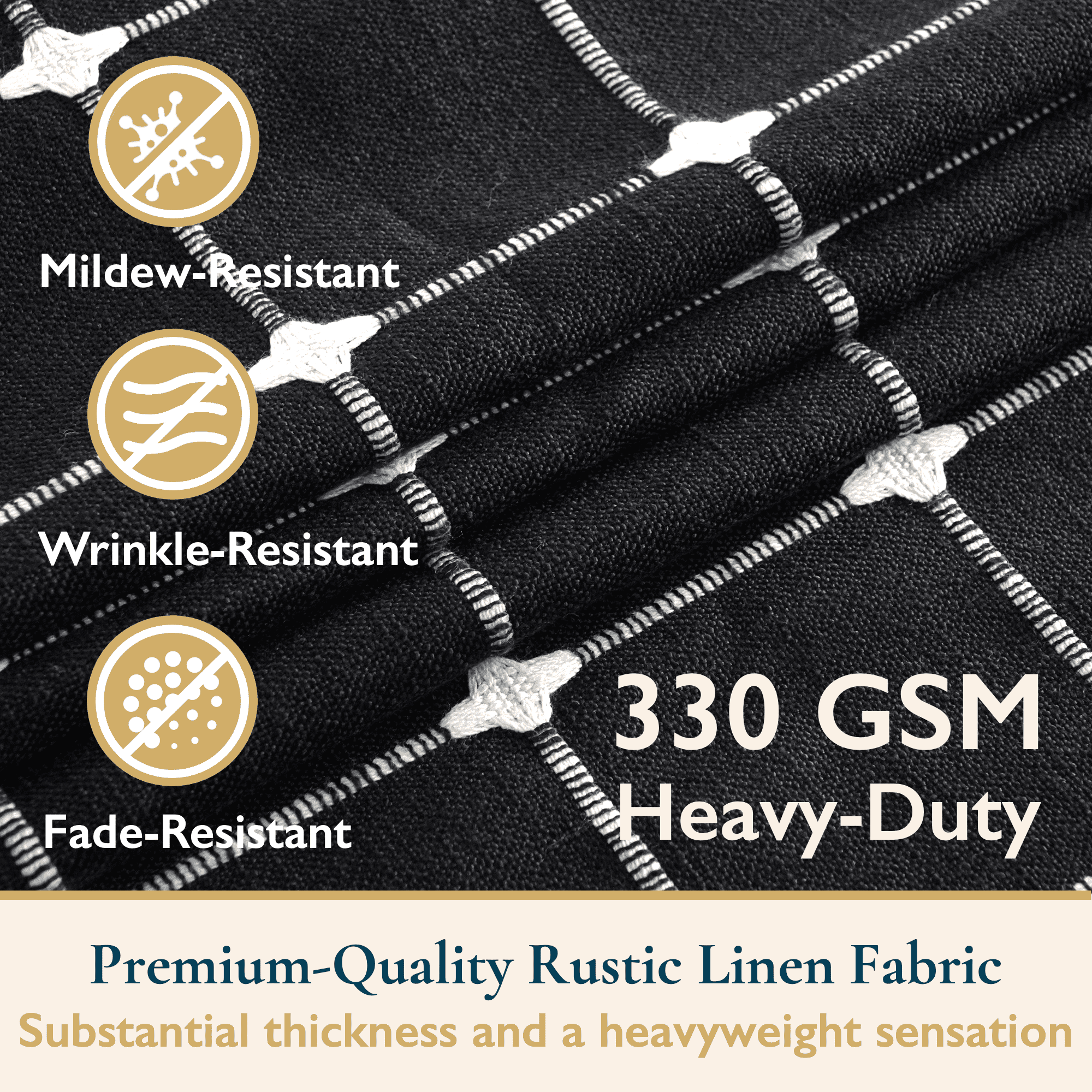 ComfiTime Tassel Shower Curtain Set with Hooks – 330 GSM Heavy-Duty Fabric Cloth, Boho Farmhouse Bathroom Curtain, Embroidered Hotel Luxury Linen, Water-Repellent, Machine-Washable, 72” x 72”, Black