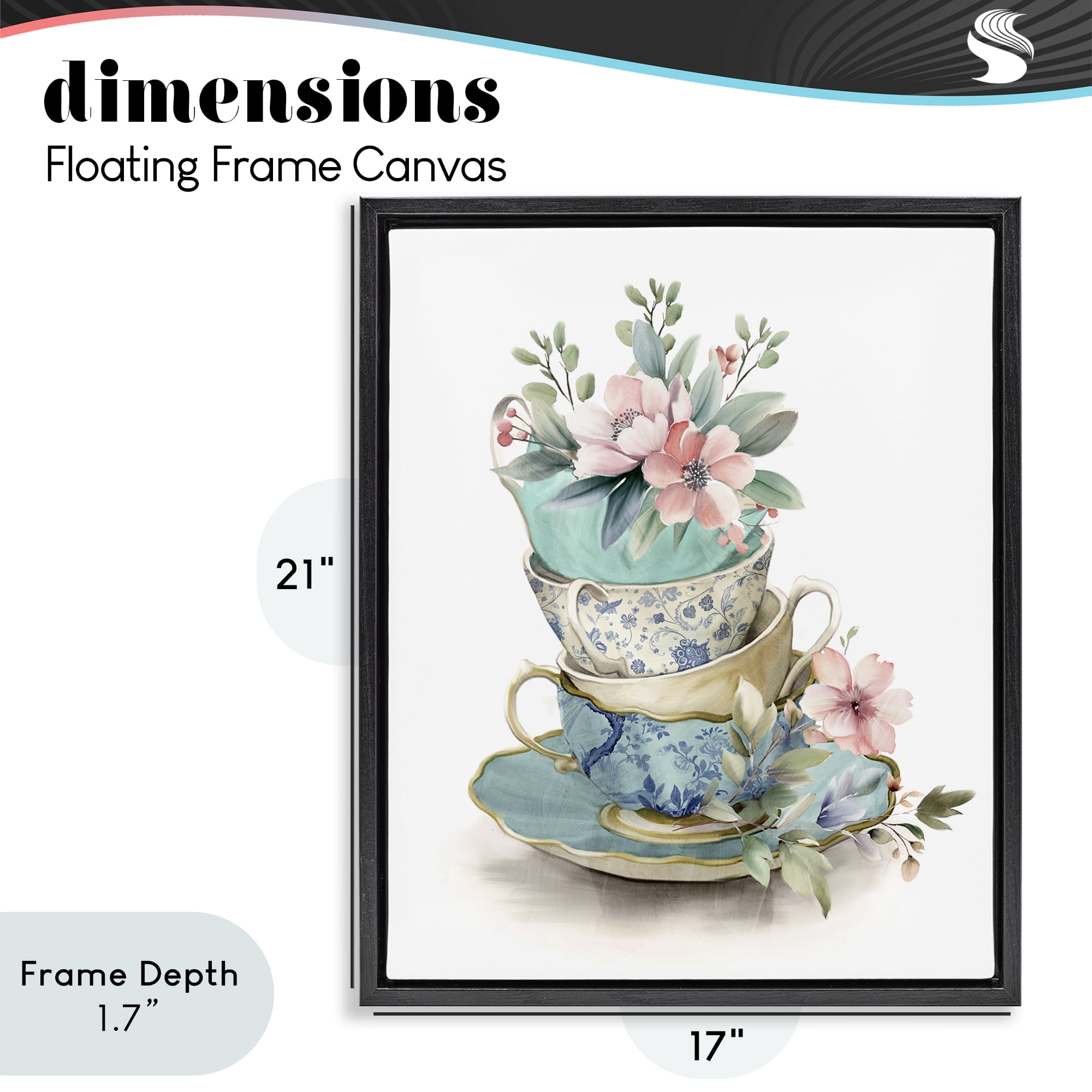 Stupell Industries Tea Cup Chinoiserie Blossoms Black Framed Floater Canvas Wall Art, design by Kim Allen