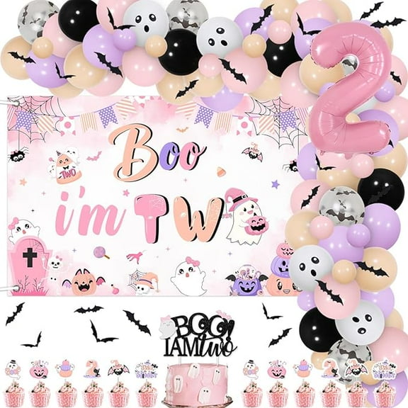 Halloween 2nd Birthday Party Decorations, Pink Purple Boo I'm Two Cake Cupcake Topper Backdrop Bat Stickers Balloon Garland Kit Number 2 Foil Balloon for Second Bday Party Decor