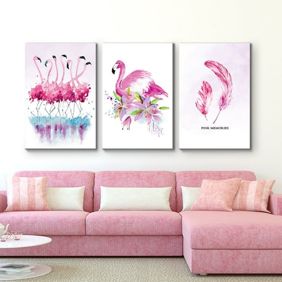 wall26 - 3 Panel Canvas Wall Art - Flamingo Triptych Series | Floral Pink Watercolor Memories - Giclee Print Gallery Wrap Modern Home Art Ready to Hang - 16"x24" x 3 Panels