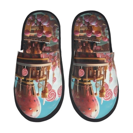 

Honeii fairy-tale-world-with-delicious-candy Print Furry Slippers Bedroom Slippers for Women and Men Fuzzy Plush Comfy Faux Fur Lined Slide Shoes -Medium