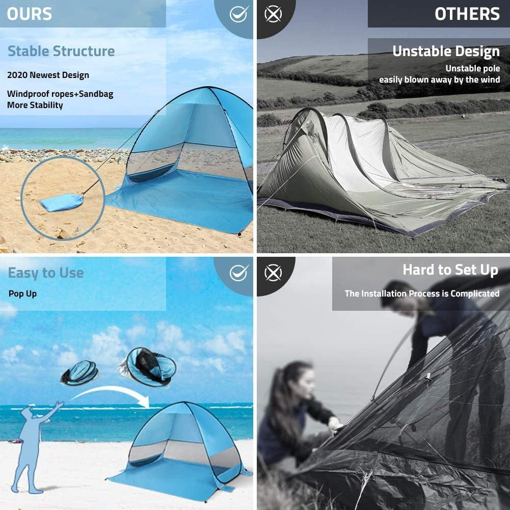 Pop Up Beach Tent UPF 50+ Sun Shelter for 2-3 Person Automatic Portable Beach Shade Tent Outdoor Cabana Sun Umbrella,Blue