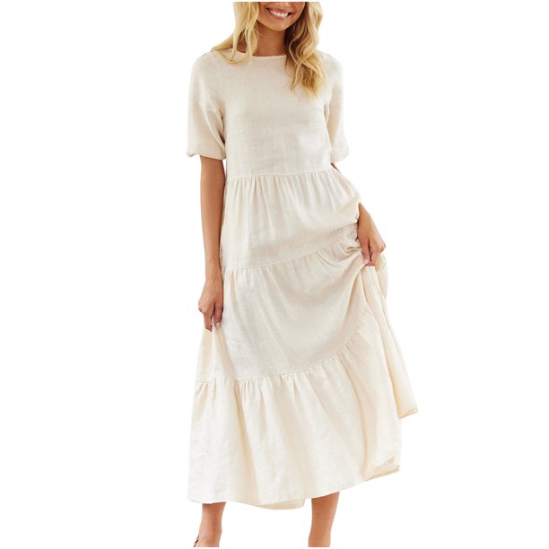 Vestido largo de manga corta con cuello redondo de color sólido de lino y algodón de verano informal para mujer Pompotops ghjkhdj11479