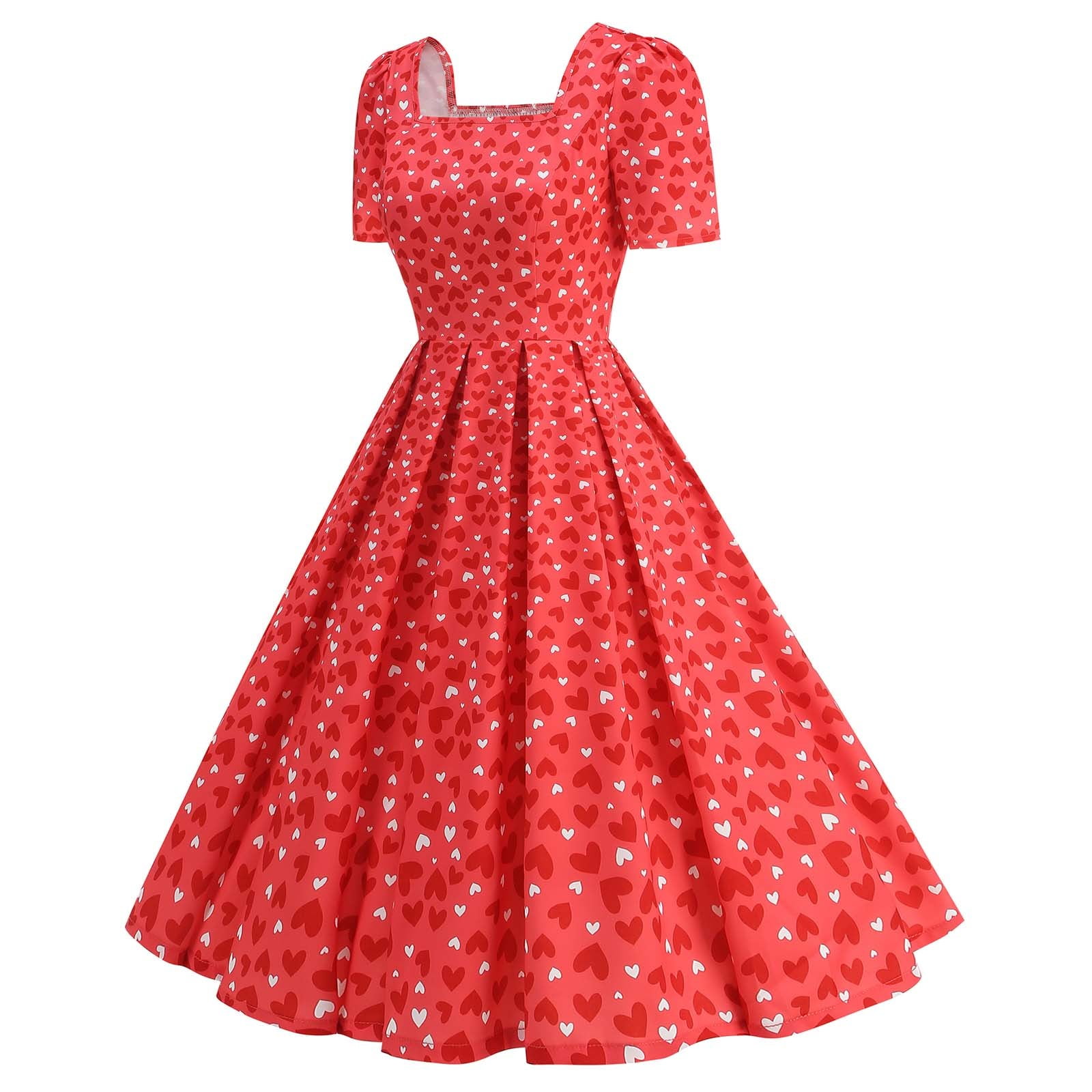 hotojiny Formal Dresses for Women Valentine's Day Gifts Cute Heart Print Cocktail Dresses Trendy Flowy Short Sleeve Maxi Dress