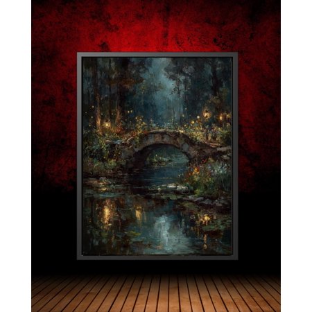 Mystical Stone Bridge Art Enchanted Forest River With Lanterns And Fireflies Fantasy Style Unframed Paper Print