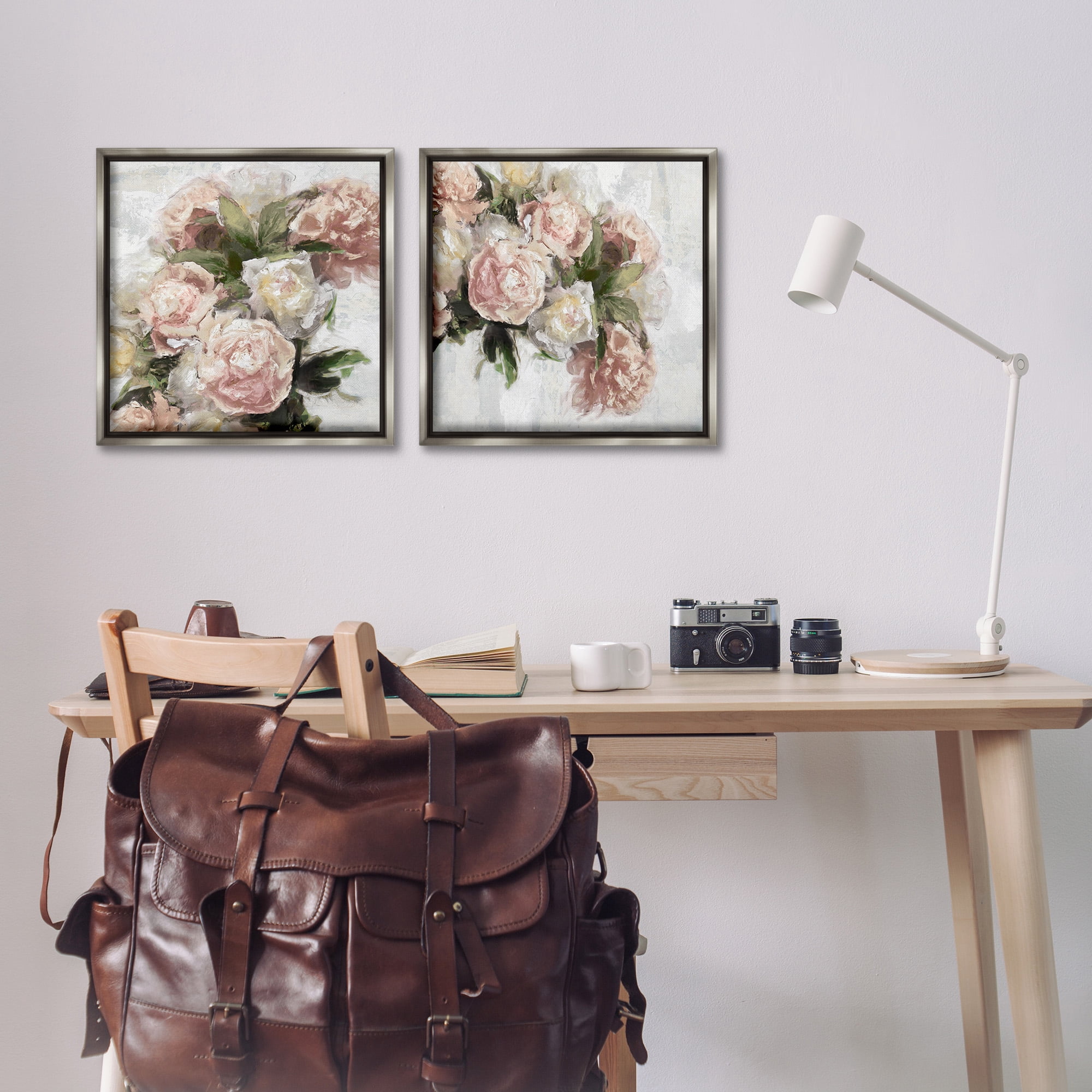 Stupell Industries Traditional Peony Blossoms Arrangement Botanical & Floral Painting Gray Floater Framed Canvas Art Print Wall Art, 18 x 18, Set of 2