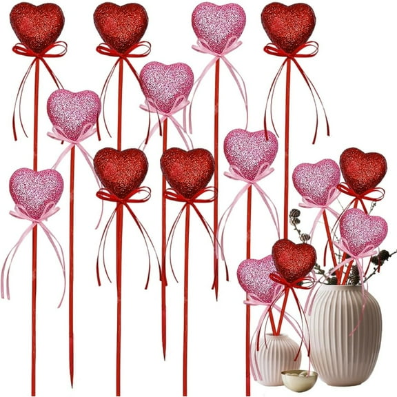Foam Heart Picks,8.7x1.6In Valentine Sparkly Sticks for Home,Glitter Hearts Picks for Floral Bouquet,Home,Centerpieces Decorations(Pink,Red)