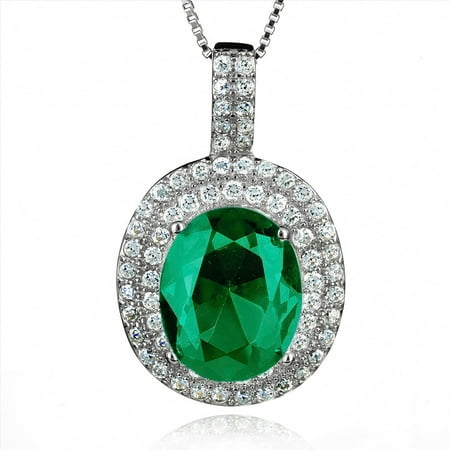 ELYA Sterling Silver Oval Emerald Green Colored CZ Double Halo Pendant Necklace