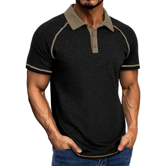 T-Shirts Homme Printemps Manches Courtes Col à Revers Polyvalent Chemises Homme Noir TTG
