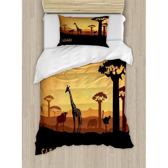 Safari Duvet Cover Set Twin Size, African Sunset A Giraffe Ostrich Hippo Adventure Exotic Pastoral Wilderness, Decorative 2 Piece Bedding Set with 1 Pillow Sham, Dark Brown Apricot, by Ambesonne