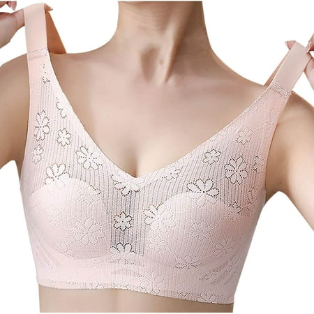 LYEAA Wireless Bras for Women Plus Size Lace Push up Padded Daily Bras Wirefree Adjustable Strap Lift Soft Bralette No Wire Breathable Comfort Sleeping Bras Pink L