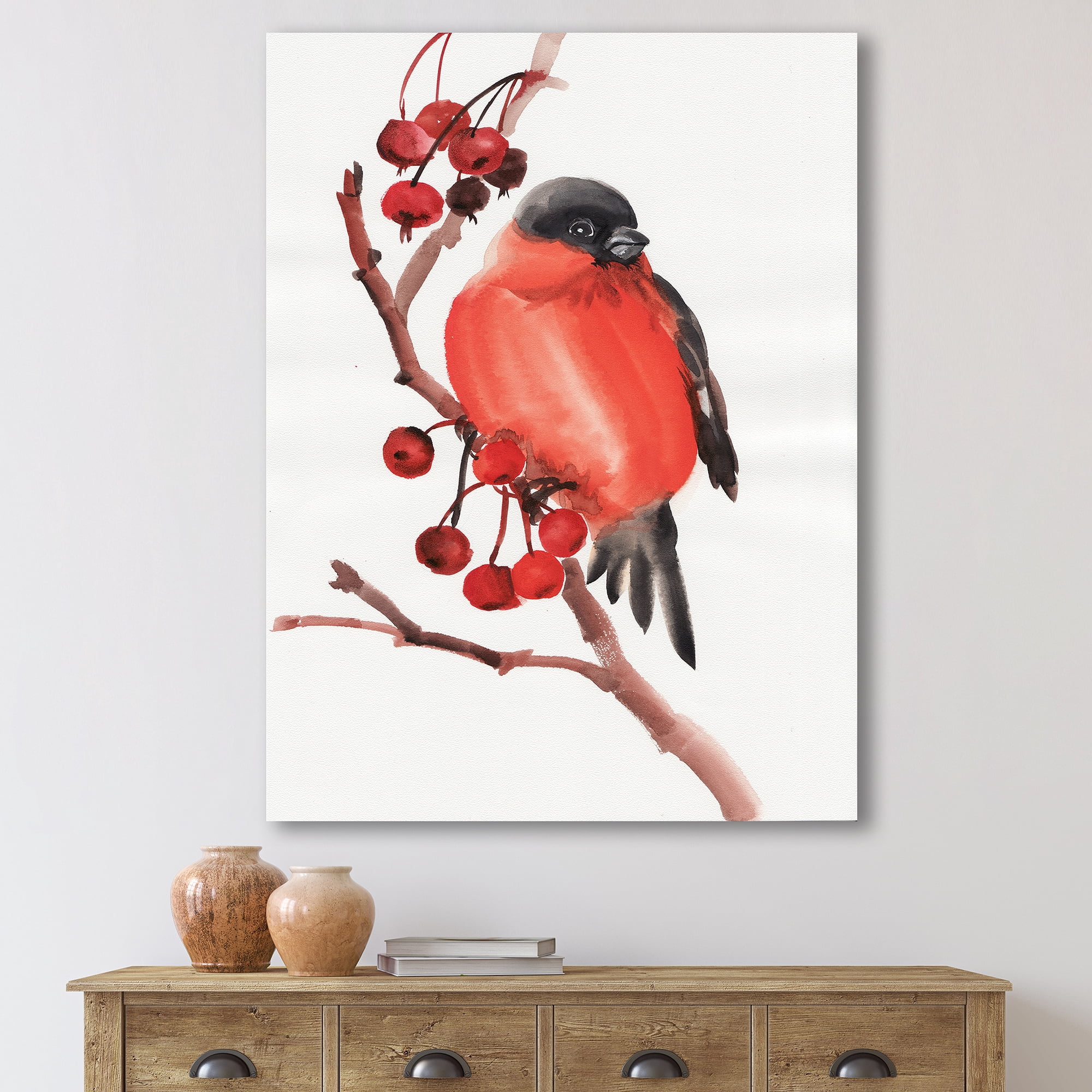 Designart ' Red Bullfinch Bird Sitting On A Branch With Berries ' Traditional Canvas Wall Art Print
