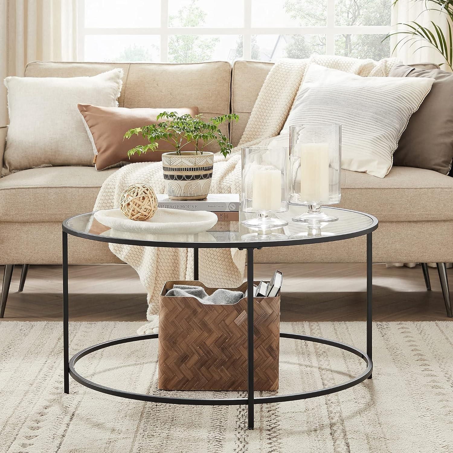 Boutique Home Round Coffee Table with Metal Frame and Tempered Glass Top