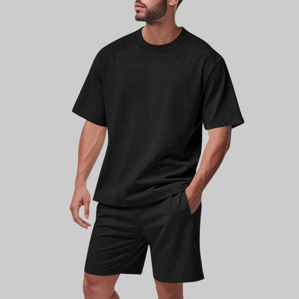 Ceisia Men's Loose Fit Jacquard 2-Piece Set Crew Neck Short Sleeve T-Shirt with Elastic Waist Drawstring Shorts Gifts