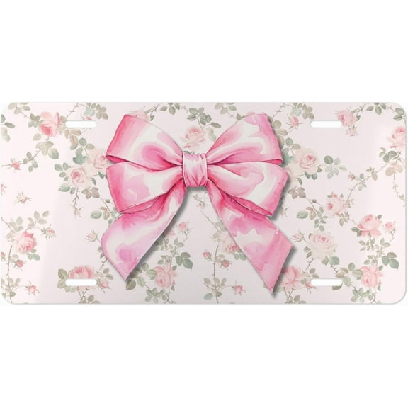 Pink Coquette Bow Car Accessories Front License Plate for Women Floral Cute New Car Driver Gift for Mom Vanity Custom Auto Tag