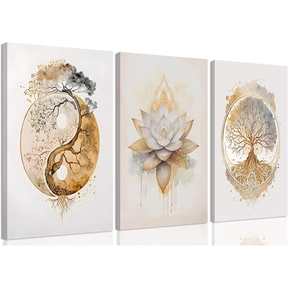 3Pcs Sun Moon And Star Celestial Canvas Wall Art Vintage Tarot Astrology Wall Decor Sun Flower and Full Moon Lotus Rainbow Poster Prints Picture for Bthroom Bedroom Living Room