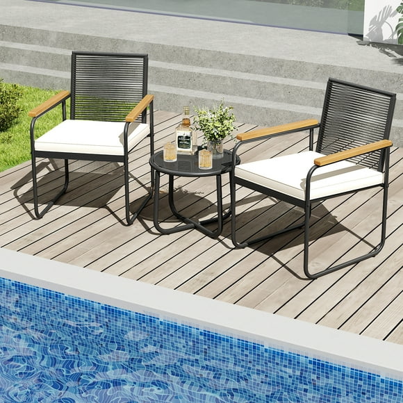Gymax 3 Pieces Patio Furniture Set PE Wicker Chairs & Side Table w/Armrests Padded Cushions