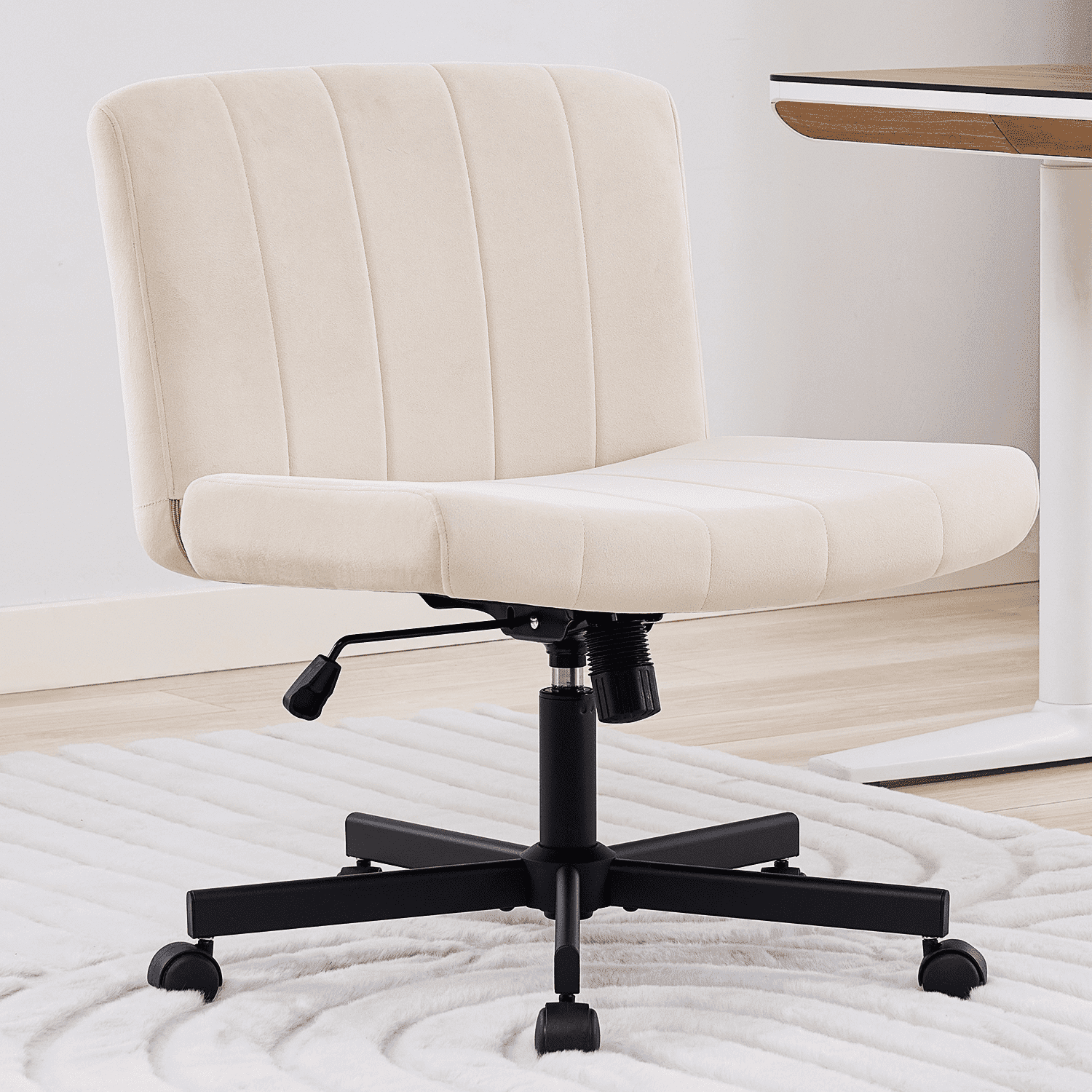 TMV Criss Cross Chair–Armless Office Chair, Fabric Padded Vanity Chair Computer Chair with Wheels, Wide Seat Swivel Desk Chair for Home Office,Cream