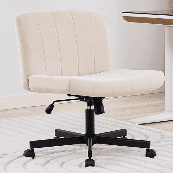 TMV Criss Cross Chair–Armless Office Chair, Fabric Padded Vanity Chair Computer Chair with Wheels, Wide Seat Swivel Desk Chair for Home Office,Cream