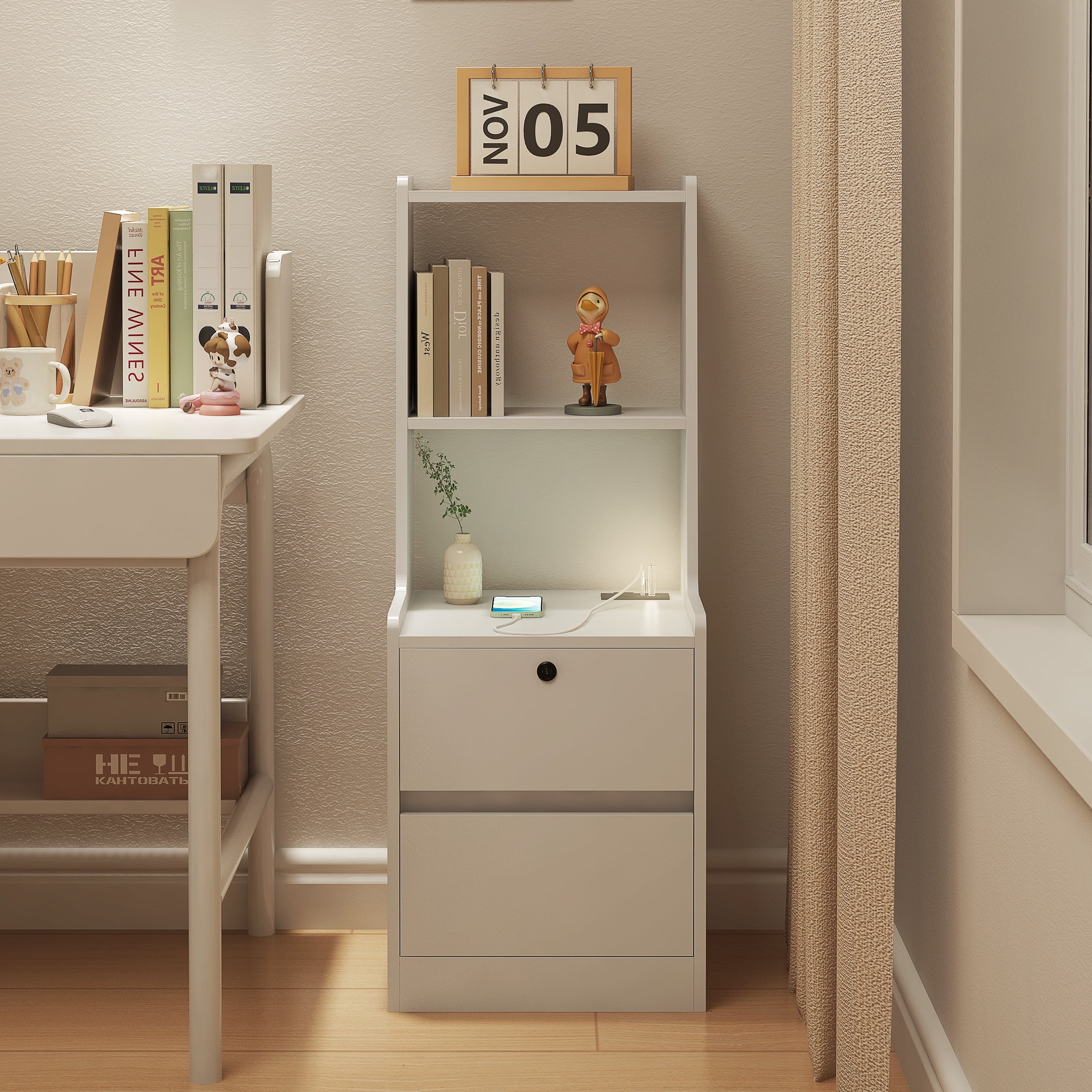 Nightstand with Charging Station & Voice Controlled 7-Color LED Night Light, Lockable Storage Cabinet and Open Bookshelf, Modern Bedside End Table for Bedroom