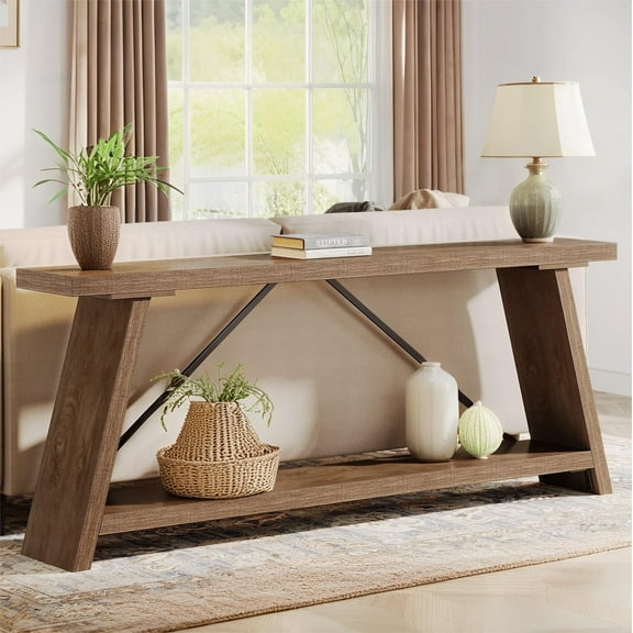 Fnova 70.87" Farmhouse Console Table for Entryway, 2-Tier Storage Long Narrow Wood Entryway Table, Metal Frame, Easy Assembly, Brown