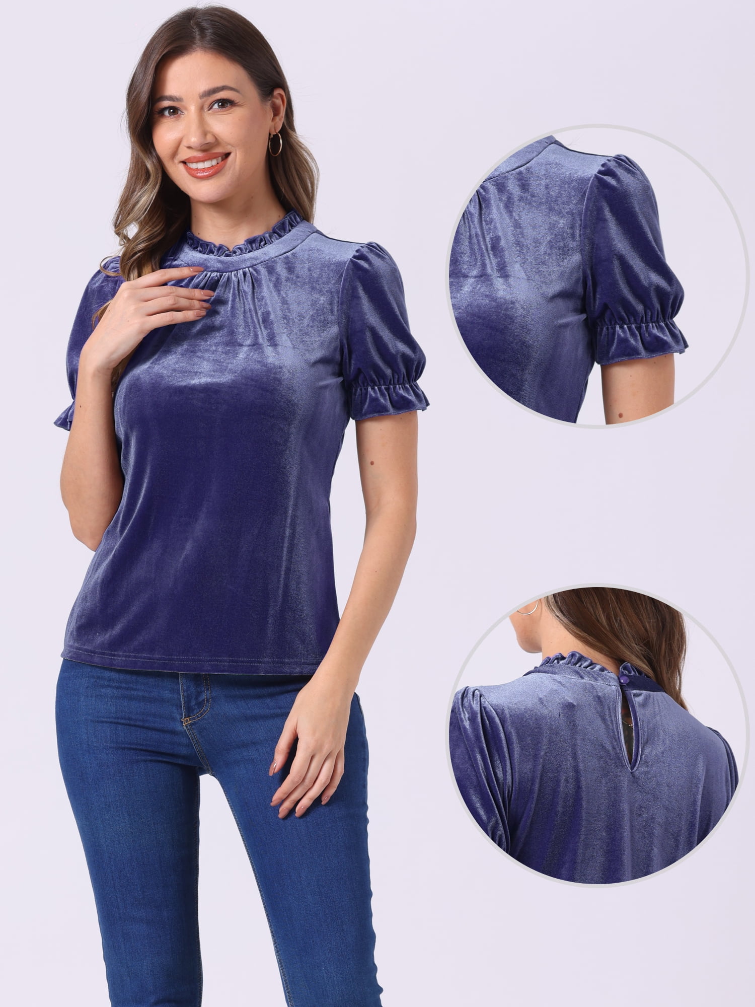 DARING DIVA Women's Ruffle Collar Shirt Velvet Tops Blouse S Dusty Purple Blue