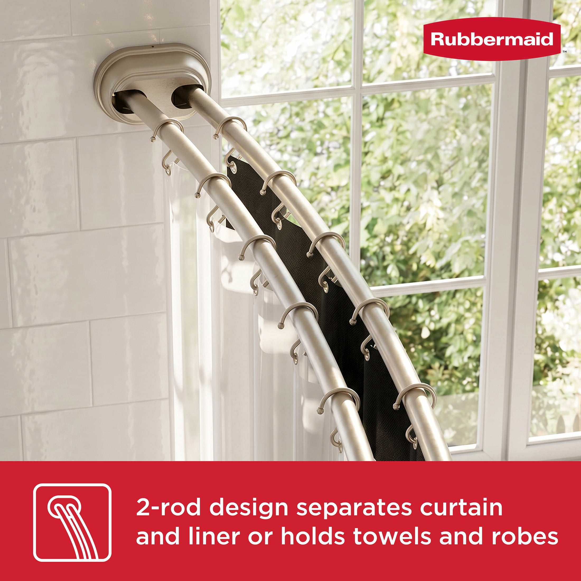 Rubbermaid No Drill Adjustable Tension Double Curved Shower Curtain Rod, Rustproof, 50" - 72", Nickel