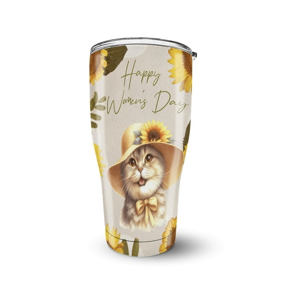 Happy Women's Day Scottish Fold Sunflower Vintage Proud Mom 30oz Stainless Steel Tumbler Insulated Cup with Lid Cat Lover Kitten Owner Gifts - 02030