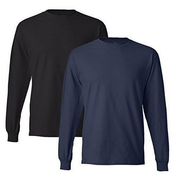 Hanes Men's 2 Pack Long Sleeve Beefy-T Shirt, Small, 1 Navy / 1 Black