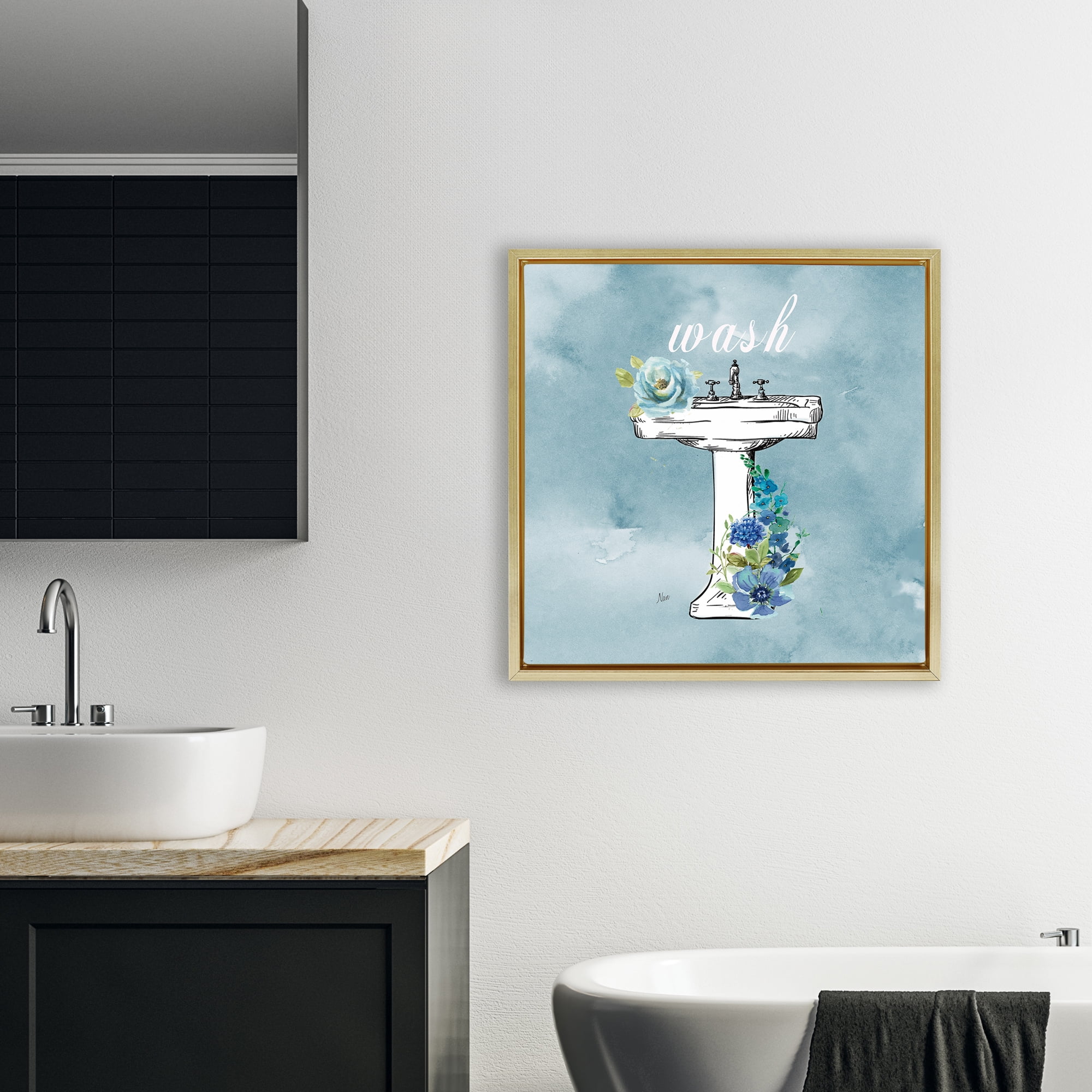 Stupell Industries Floral Bathroom Rules Wash Gold Framed Floater Canvas Wall Art, design by Nan