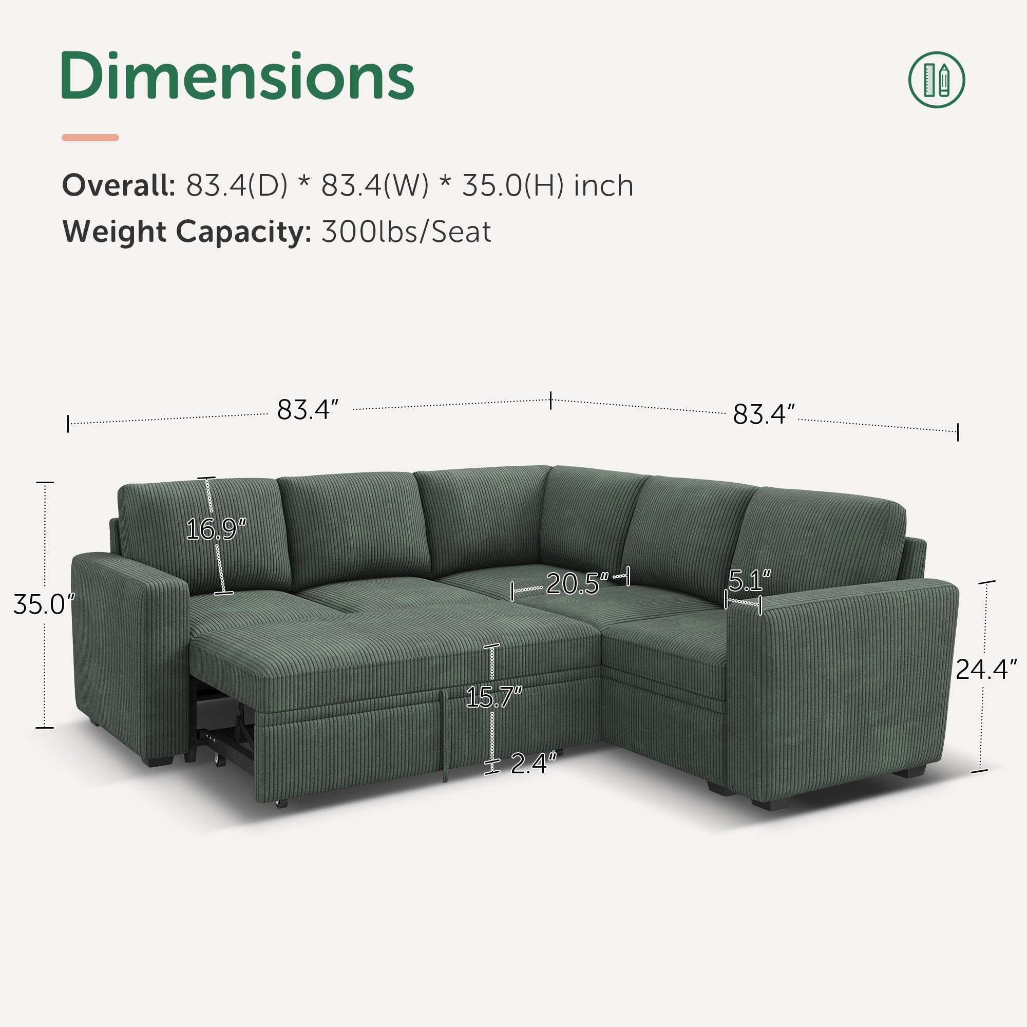 Marrber 83.4” Modular L-Shaped Corduroy Sectional Sleeper Sofa with Pull-Out Bed and Storage for Living Room, Green