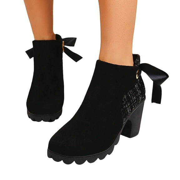 Black Ankle Boots for Women Splice Suede Platform Chunky Heel Lace up Bowknot Trendy Zipper Fall Booties