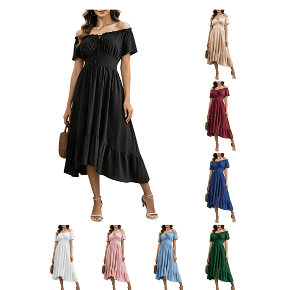 Busydd Off Shoulder Renaissance Dress for Women Trendy Tie Front Ruffle Midi Dress Solid Color Short Sleeve Party Medieval Halloween Costumes S