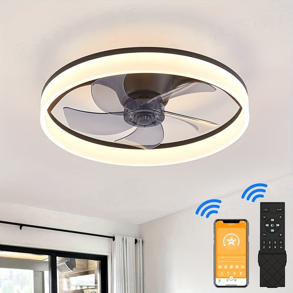 19.7" Modern Low Profile Bladeless Ceiling Fan with Light, Dimmable 3000K-6500K LED, Remote Control, Flush Mount110-240V, Black Fandelier for Bedroom