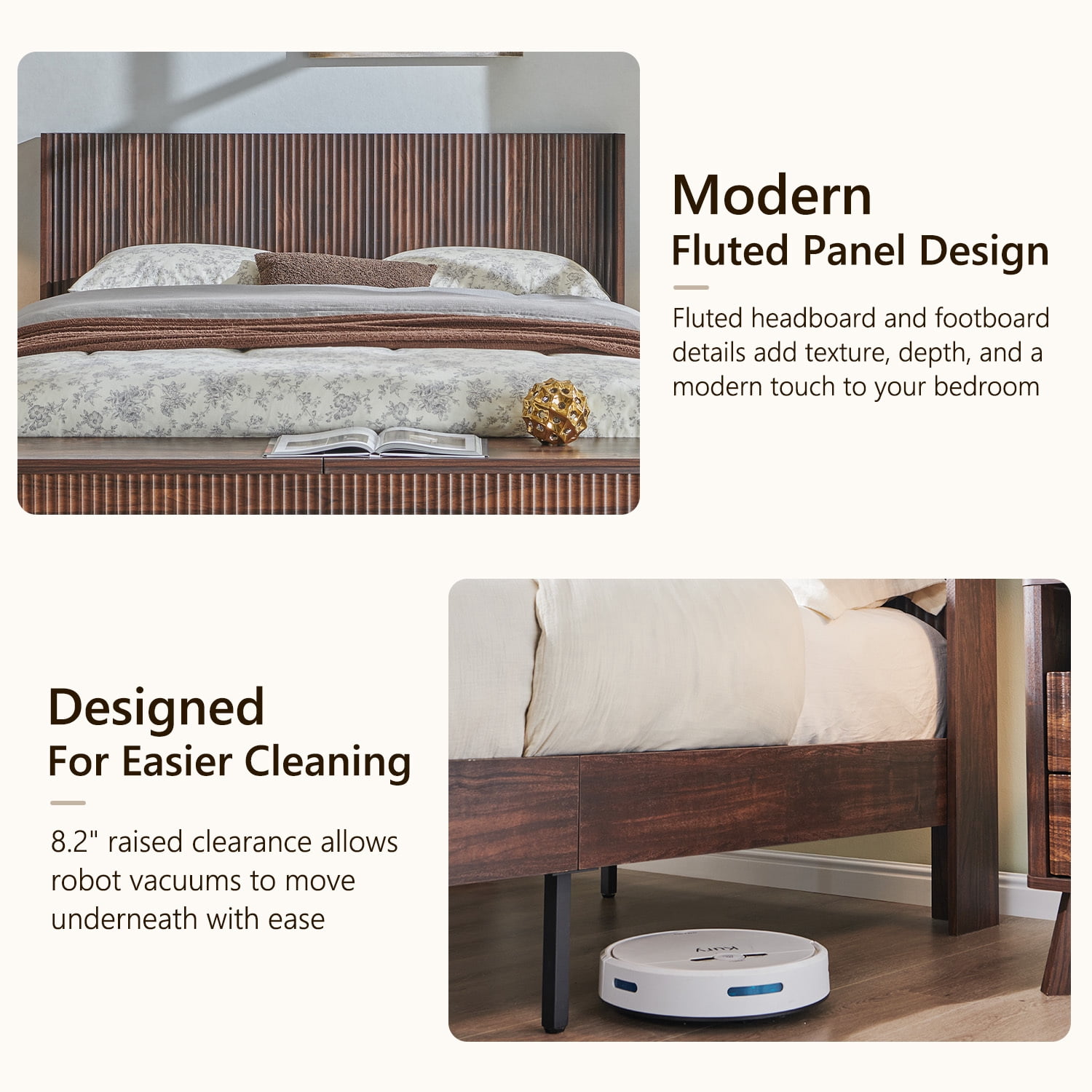 KeyWhat Modern Fluted Queen Size Bed Frame with Headboard & Storage Footboard, Built-in Drawers & Lift-Up Gas Struts, Solid Wood Slats, No Box Spring Needed, Dark Walnut