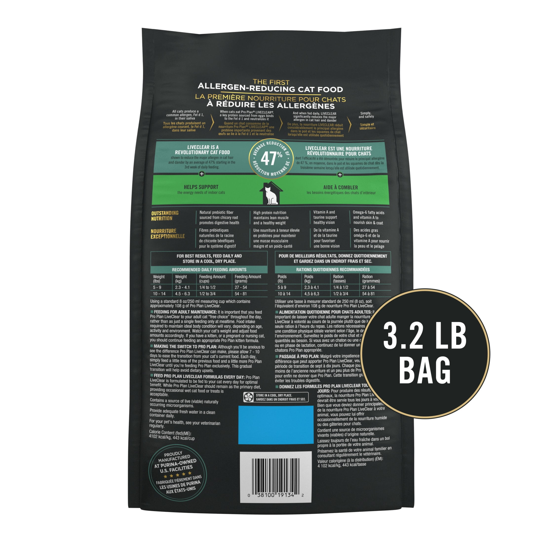 Purina Pro Plan Indoor Dry Cat Food LiveClear Cat Allergen Reducing Turkey and Rice Formula, 3.2 lb Bag