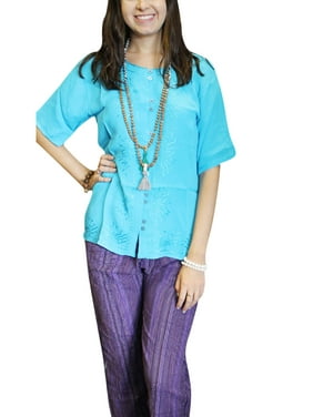 Mogul Women's Bohemian Shirt Short Kurta Blue Trendy Tunic Embroidered Button Front Boho Tops M