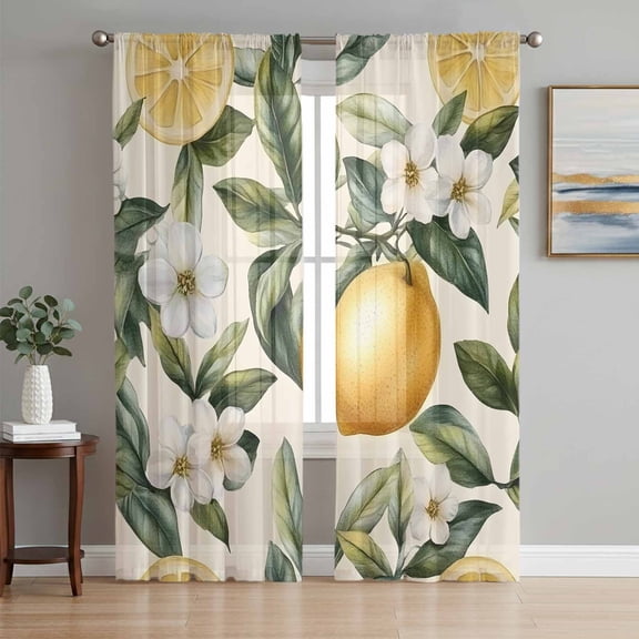 Sheer Curtains 63 Inch Length 2 Panels Set for Bedroom, Lemon Floral Semi Sheer Curtains for Windows, Watercolor Country Summer Spring Fruit Voile Window Treatments Rod Pocket Curtain