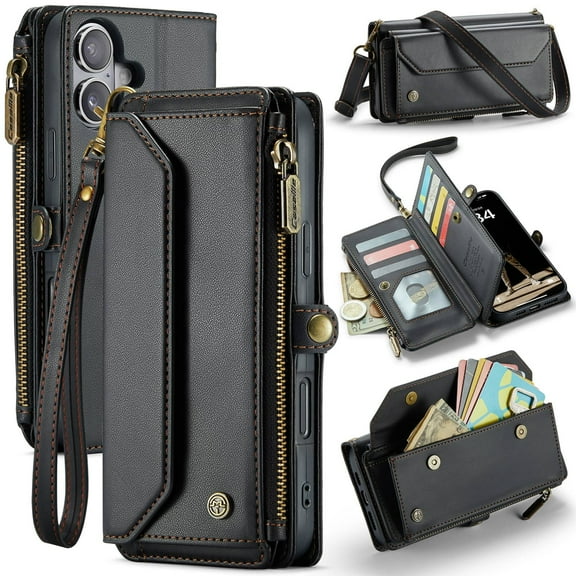 Crossbody for iPhone 16 Plus Case Wallet【RFID Blocking】with 10-Card Holder Zipper Bills Slot, Soft PU Leather Magnetic Shoulder Wrist Strap for iPhone 16 Plus Wallet Case Women