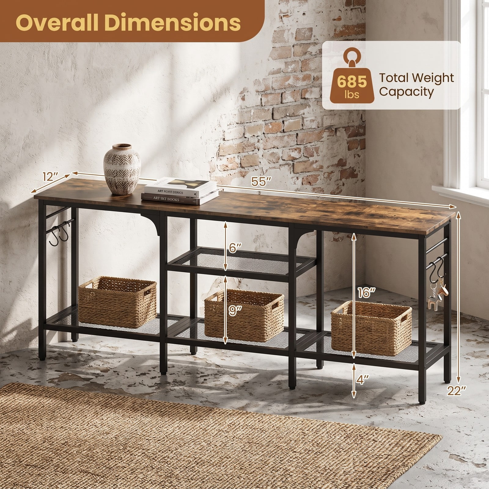 Furnibear TV Stand for TVs up to 65 Inch, 3-Tier Open Shelf Media Console with 4 Hooks, Metal Frame Entertainment Center for Living Room Bedroom, Rustic Brown & Black