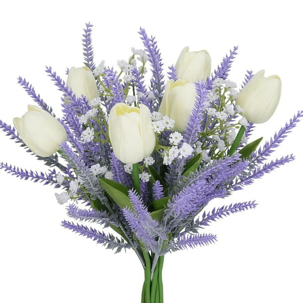 Tulipanes Flores Artificiales Simulado Tulipan Lavanda Artificial Combinado con 12 Paquetes de Artículos Decorativos para Decorar Mesas de Comedor de Hogar Y Mesas de Comedor Flores de Lavanda Artific