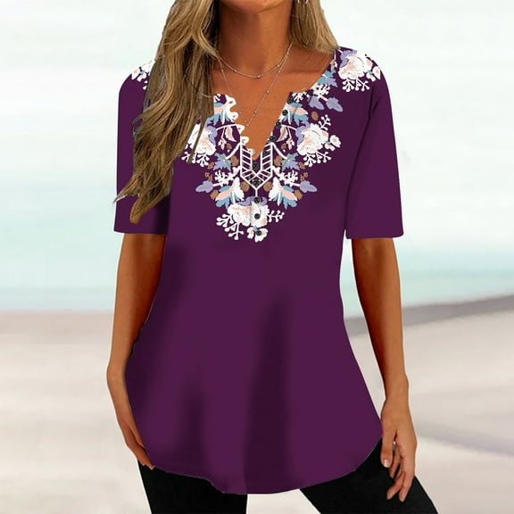 Brilliant Womens Tops Plus Size under $5 Spring Summer 2024 Women's Fashion V-Neck Print Casual Loose Short Sleeve Short Sleeve V-Neck Top/Shirt/Purple/3XL-5XL Clearance