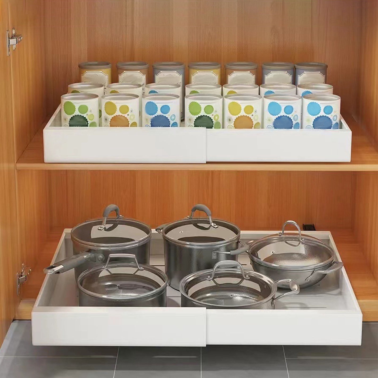 Expandable Pull-Out Cabinet Organizer Slide-Out Drawer with Dividers for Pantry and Kitchen, White