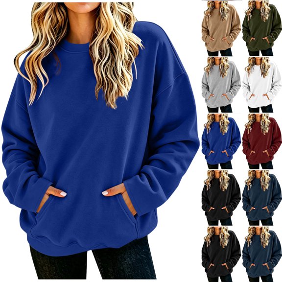 Women's Sweatshirts Oversized Fashion Solid Casual Round Neck Long Sleeve Ladies with kangaroo pocket