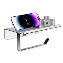 Toilet Paper Holder with Phone Shelf, Adhesive or Screw Wall Mount Toilet Tissue Roll Holder, Rustproof & Multifunctional Stainless Steel Bathroom Storage Dispenser Black